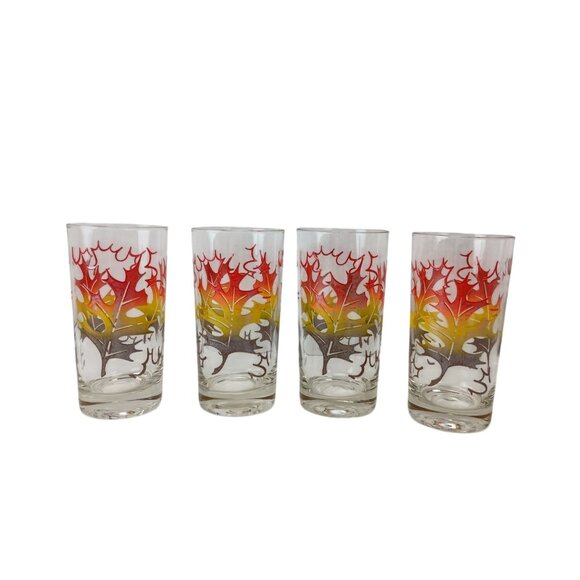 Vintage Fall Oak Leaves Orange/Yellow/Brown Retro Glass Tumblers Set Of 4 - Picture 3 of 6